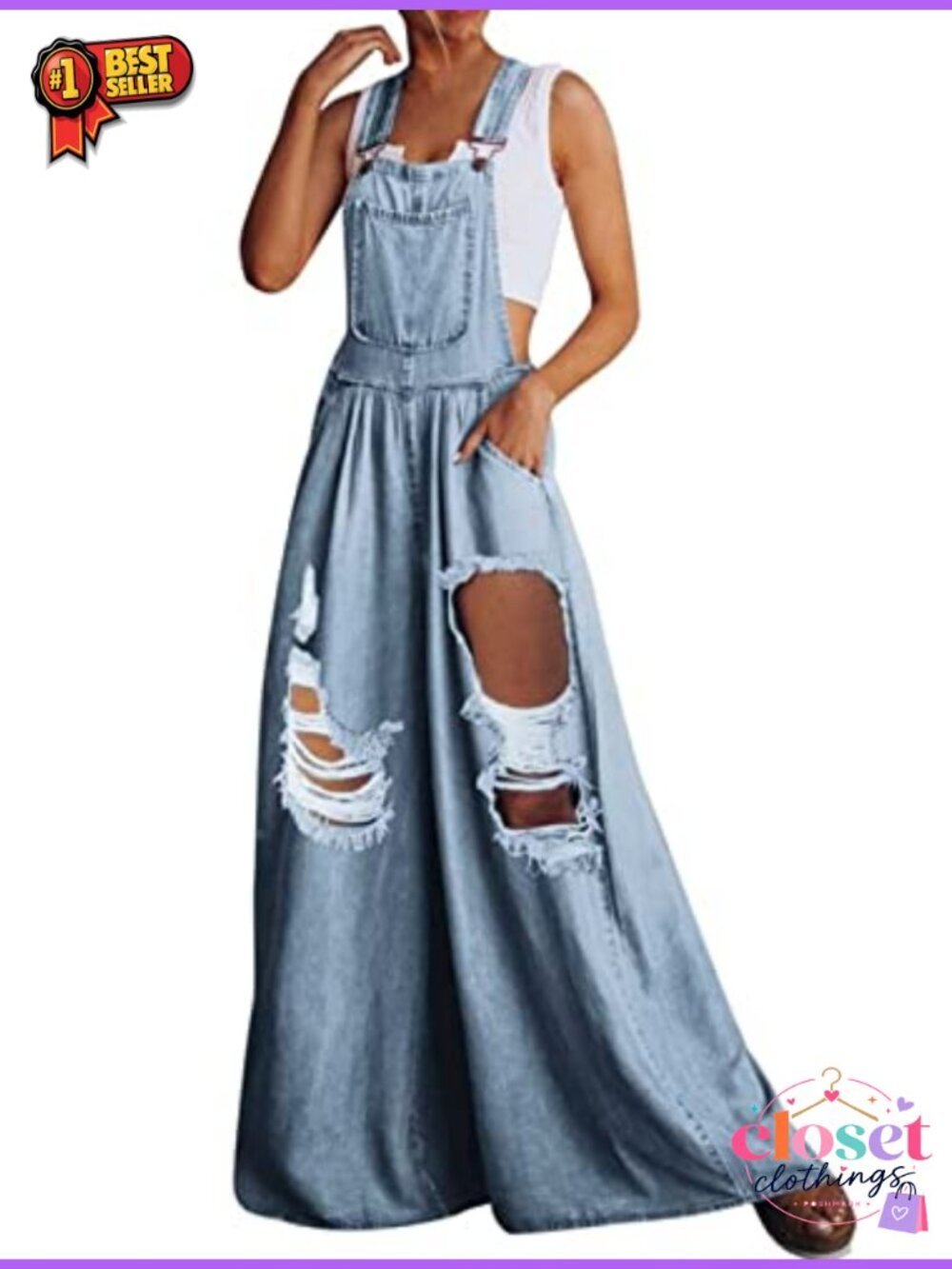 Wide Leg Denim Overalls Baggy Distressed Jean Bib Adjustable Strap